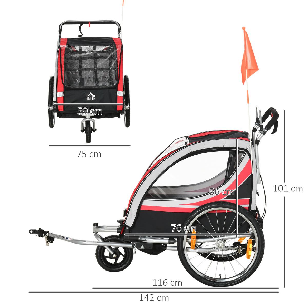 2 in 1 Kinderfahrradanhänger, Kinderanhänger, Fahrradanhänger, Rot - Rot, Metall (75/101/142cm) - HOMCOM