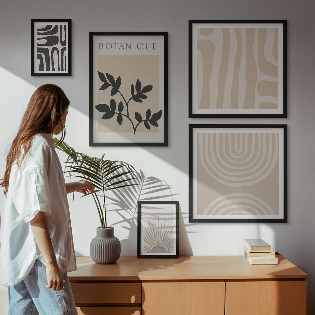 BILDER SET 5er Set - 50x50 cm & 20x30 cm & 40x60 cm Schwarzer Rahmen - Abstrakte Pflanzenmuster - Schwarz, Kunststoff (40/60cm) - TULUP