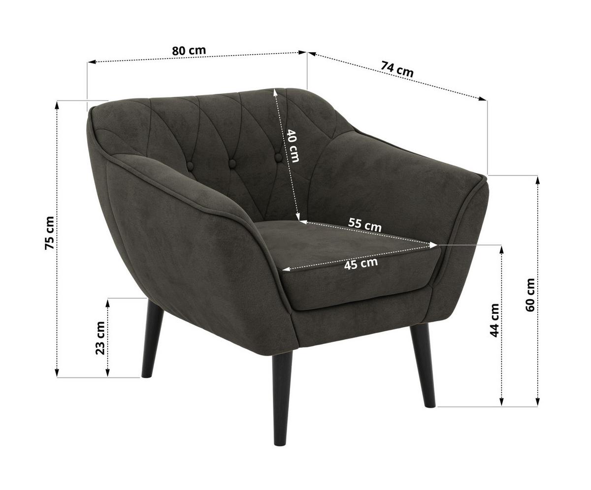 SESSEL PIRS - Dunkelgrau Velvet - Schwarze Beine - Dunkelgrau/Schwarz, Holzwerkstoff/Textil (80/75/74cm) - MKS