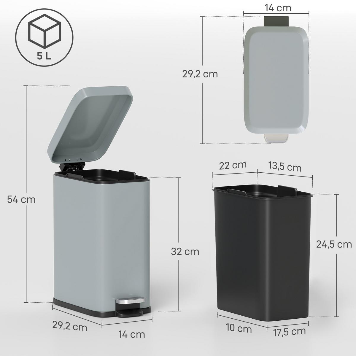 MÜLLEIMER 5L Treteimer Abfalleimer mit Deckel und Fußpedal für Wohnzimmer - Grau, Metall (14/32/29.2cm) - HOMCOM