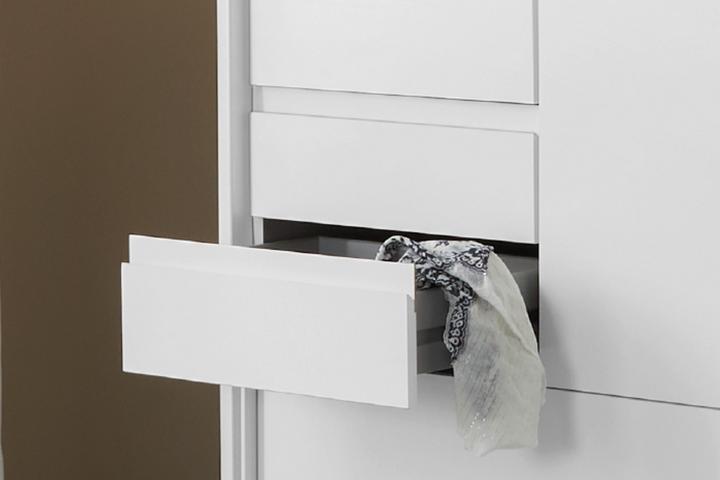 Schwebetürenschrank weiß 3 Schubladen Griffleisten Metall Kunststoff 2 Schwebetüren Spiegel