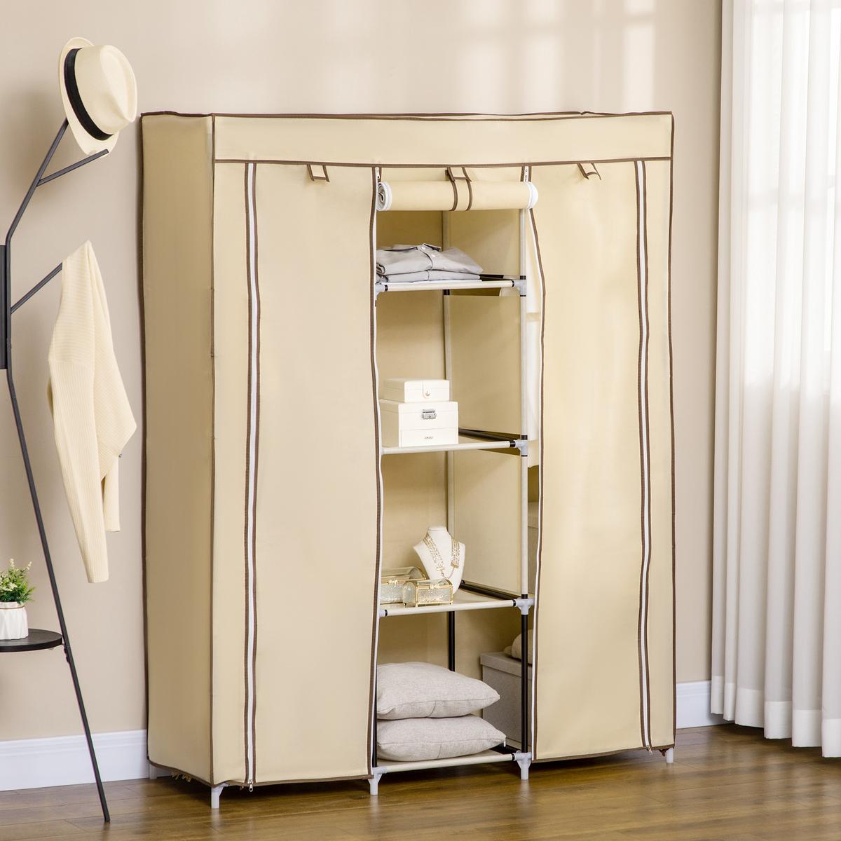 STOFFSCHRANK, Faltschrank, Kleiderschrank mit Kleiderstangen, 8 Ebenen Beige - Beige, Metall (43/162.5/125cm) - HOMCOM