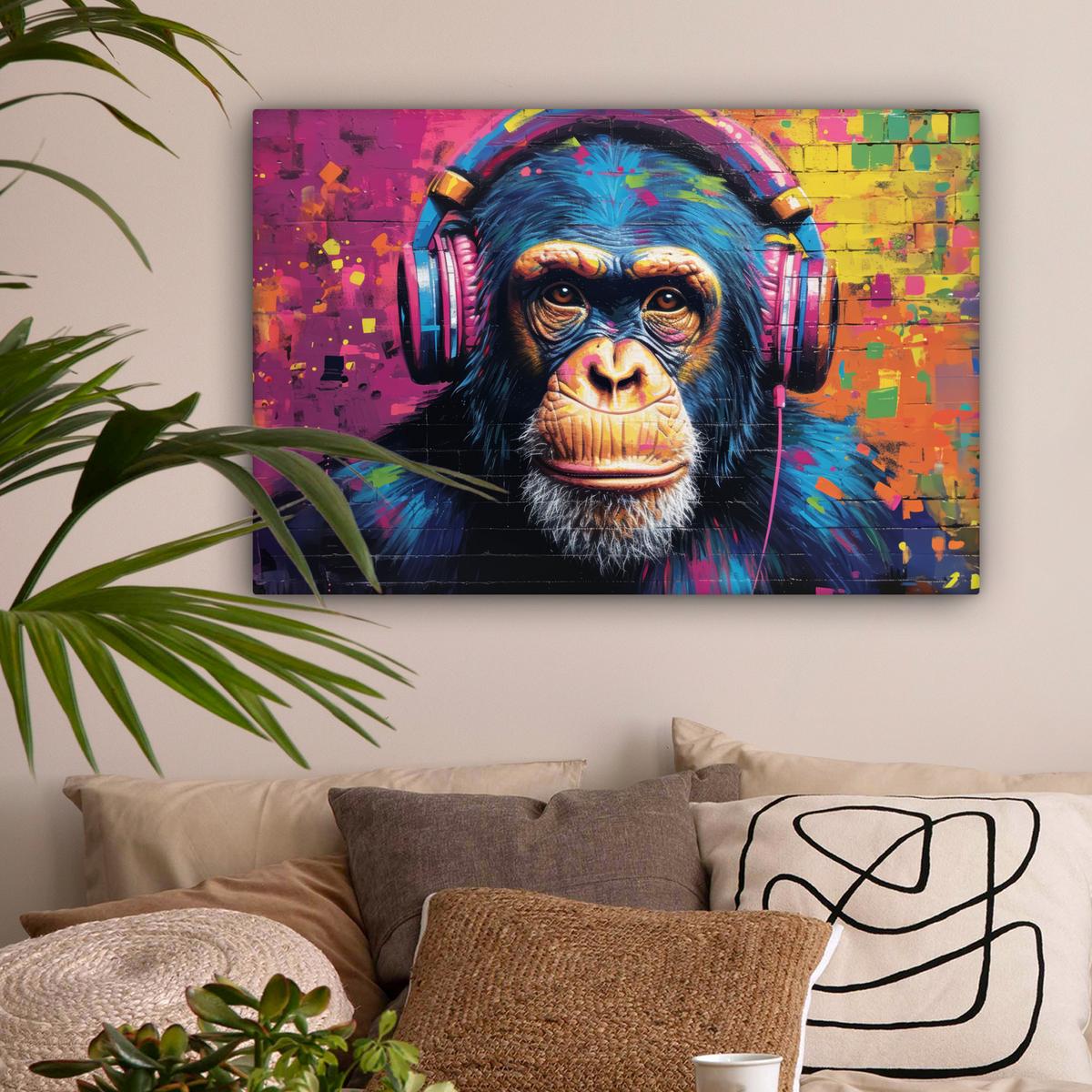 LEINWANDBILD Graffiti - Schimpanse - Straßenkunst - Kopfhörer - Affe XXL 150x100 cm - Blau, Textil (150/100cm) - MuchoWow