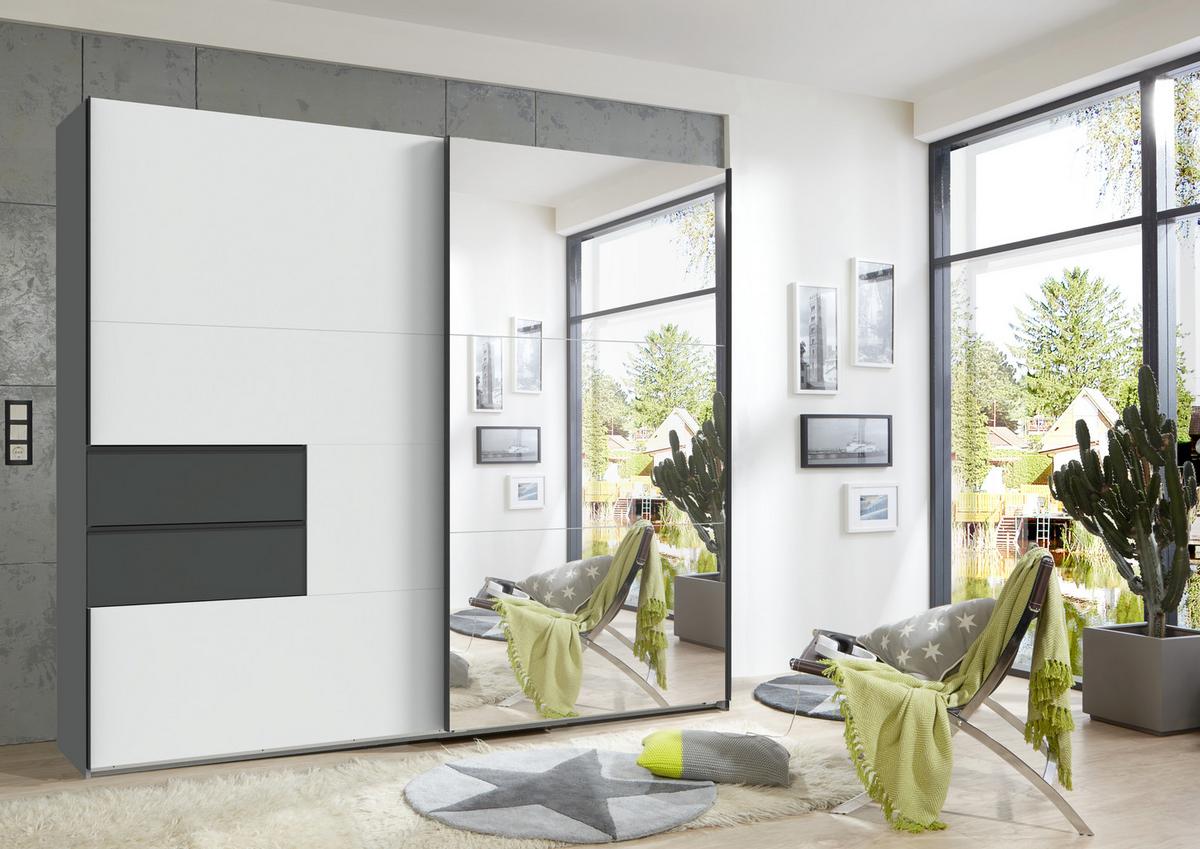 SCHWEBETÜRENSCHRANK 2-türig B250/H216/T65 cm, Korpus & Schubladen Grafit, Türen Weiß / Spiegel, Kleiderschrank inkl. Vollausstattung / 22050 - Bordeaux/Graphitfarben, Holzwerkstoff/Metall (250/216/65cm) - luma-home