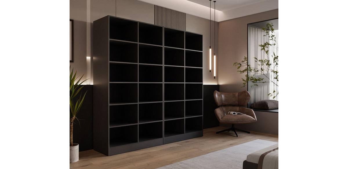 KLEIDERSCHRANK SANDBOX MODERN 200 202/49/200 cm Graphitschwarz / Graphitschwarz + Schwarzes Glas ohne LED 8 Zusatzböden - Schwarz, Holzwerkstoff/Kunststoff (202/200/49cm) - Lookway