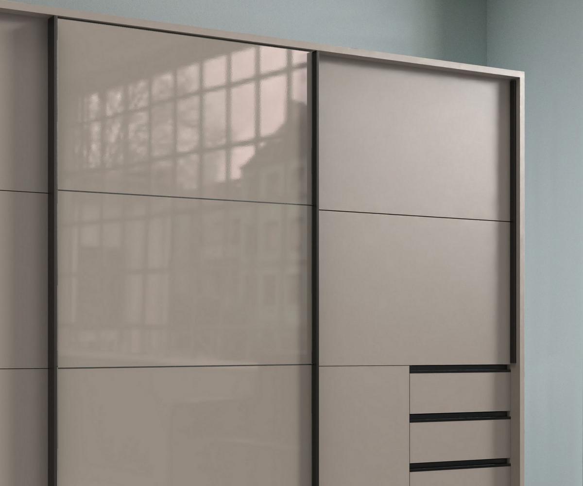 SCHWEBETÜRENSCHRANK 3-türig B273/H213/T64 cm, Sandgrau/Mitteltür Glas, Passepartout-Kleiderschrank mit Schubladen & Vollausstattung, / 22620 - Sandfarben/Schwarz, Holzwerkstoff/Metall (273/213/64cm) - luma-home