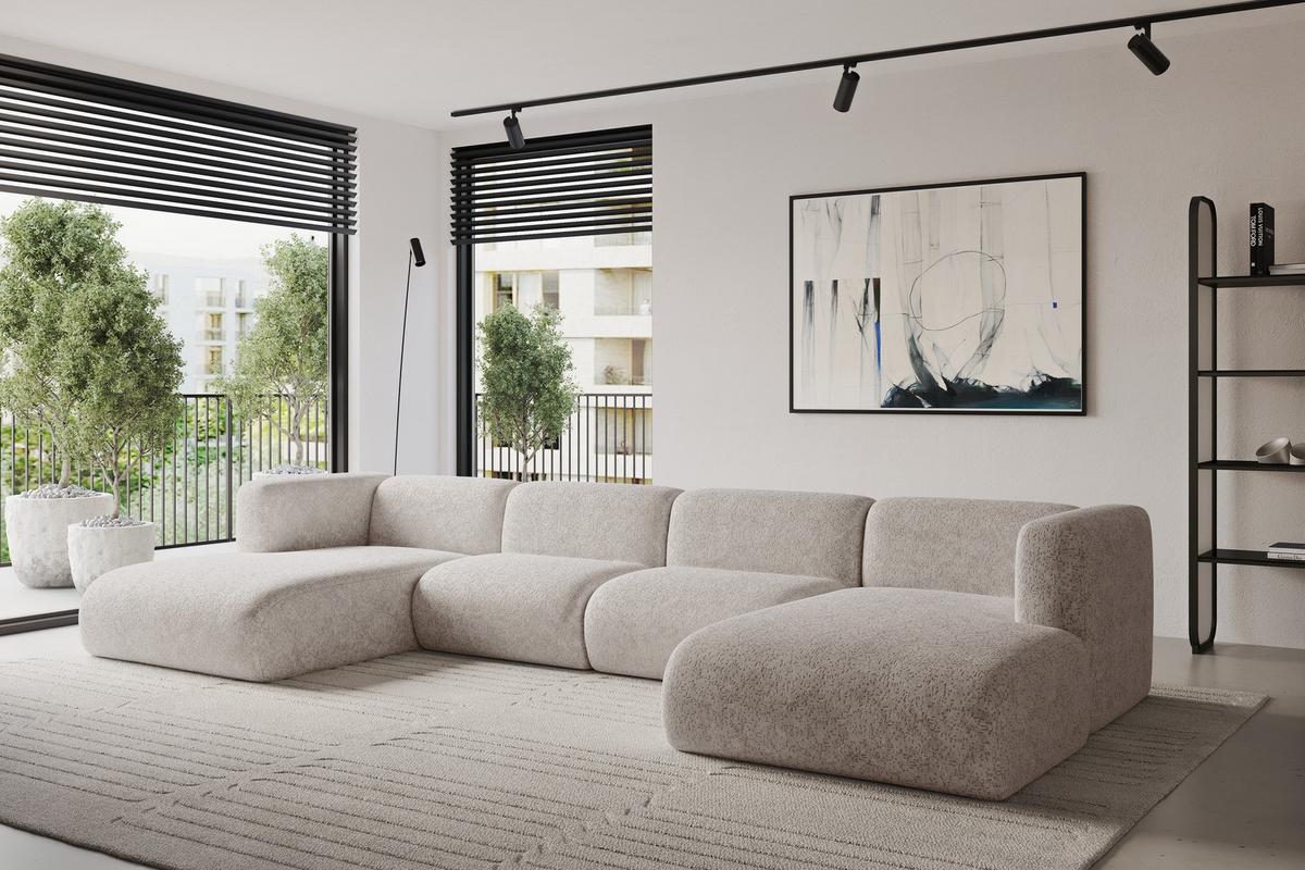 WOHNLANDSCHAFT MIRA-U2 408x179x70 Hellgrau Velours - Hellgrau/Schwarz, Holzwerkstoff/Kunststoff (408/70/179cm) - ALTDECOR