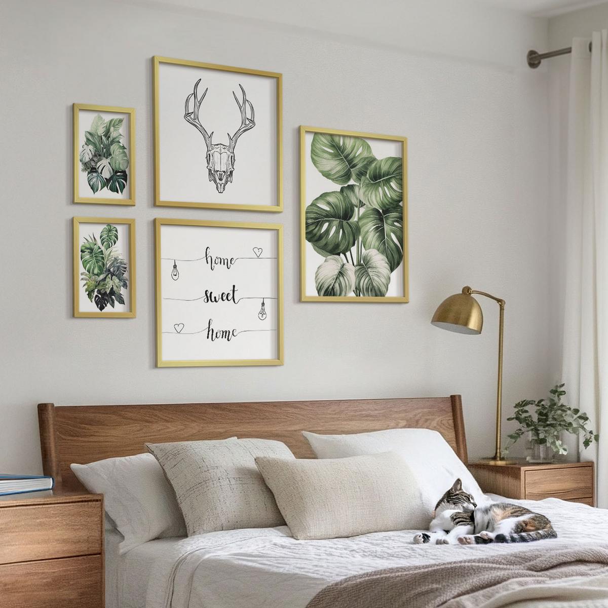 BILDER SET 5er Set - 50x50 cm & 20x30 cm & 40x60 cm Goldrahmen - Ausblicke auf Berge, Flüsse und Wasserfälle - Goldfarben, Kunststoff (40/60cm) - TULUP