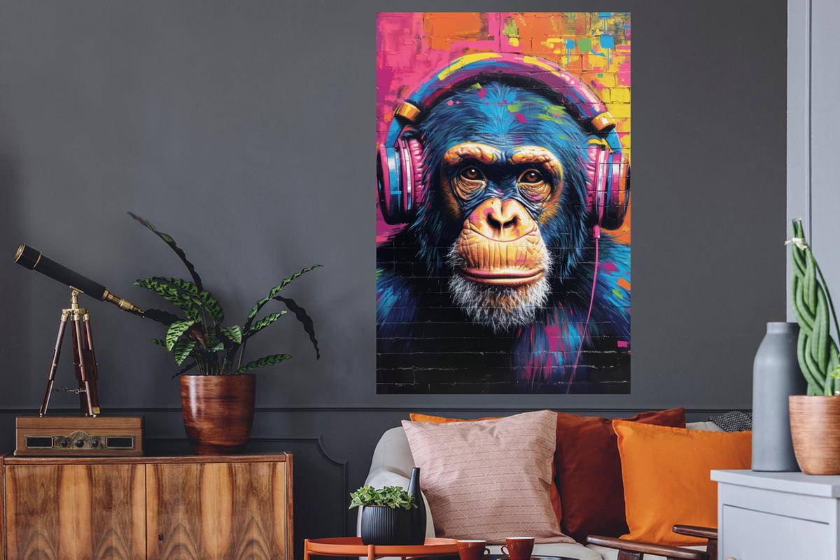 WANDTATTOO Graffiti - Schimpanse - Straßenkunst - Kopfhörer - Affe Wandaufkleber 80x120 cm - Blau, Kunststoff (80/120/0.1cm) - MuchoWow