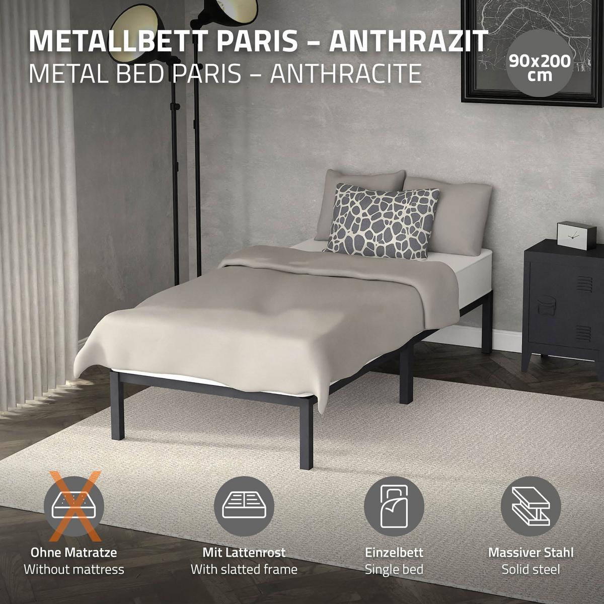 METALLBETT 90x200 cm mit Lattenrost Anthrazit auf Stahlrahmen - Anthrazit, Metall (90/200cm) - ML-DESIGN