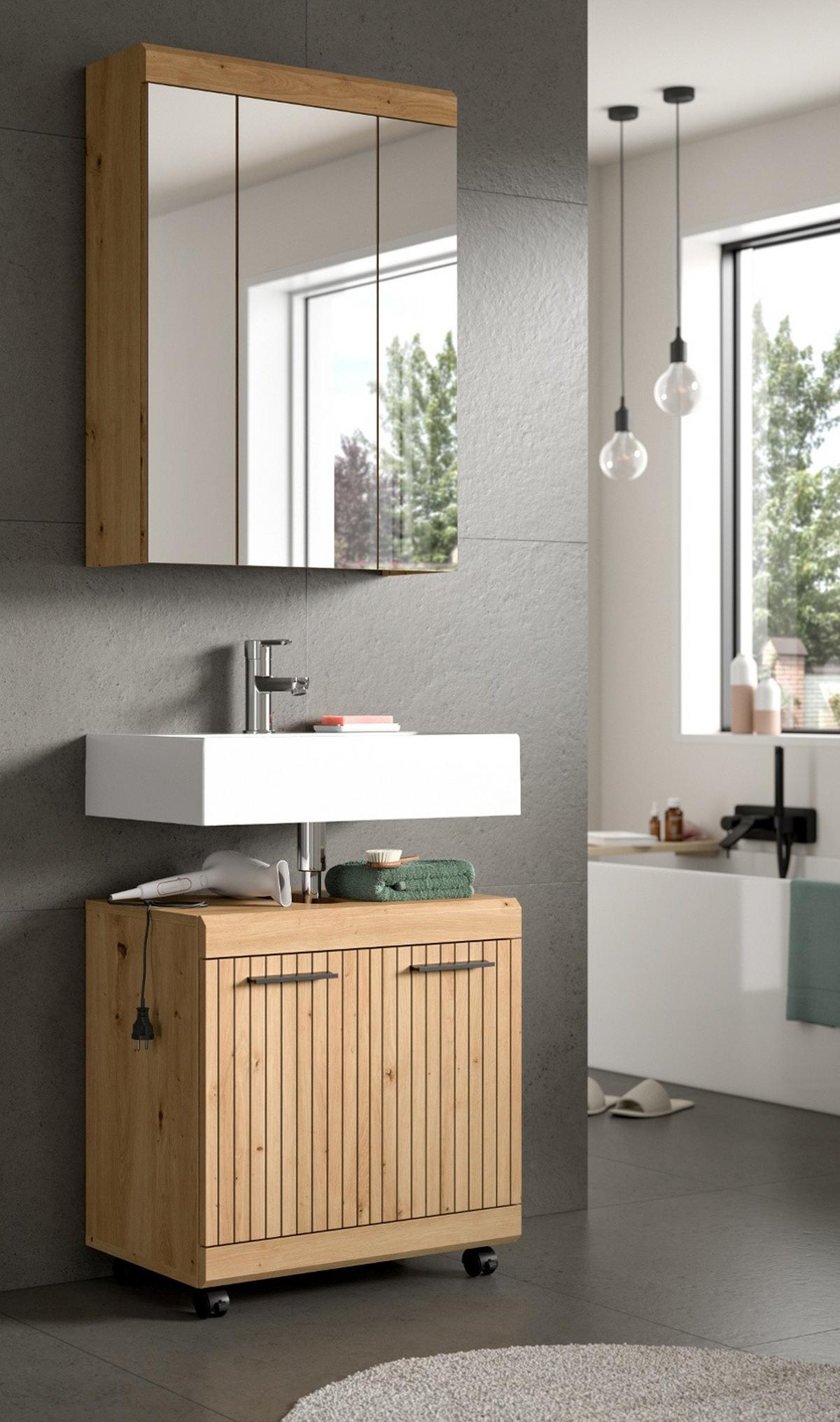 BADMÖBEL-SET Eiche Artisan Set 2-teilig 60 x 191 cm, Badkombination modernes Design - Schwarz/Eiche Artisan, Glas/Holzwerkstoff (60/191/34cm) - Inn.Furn