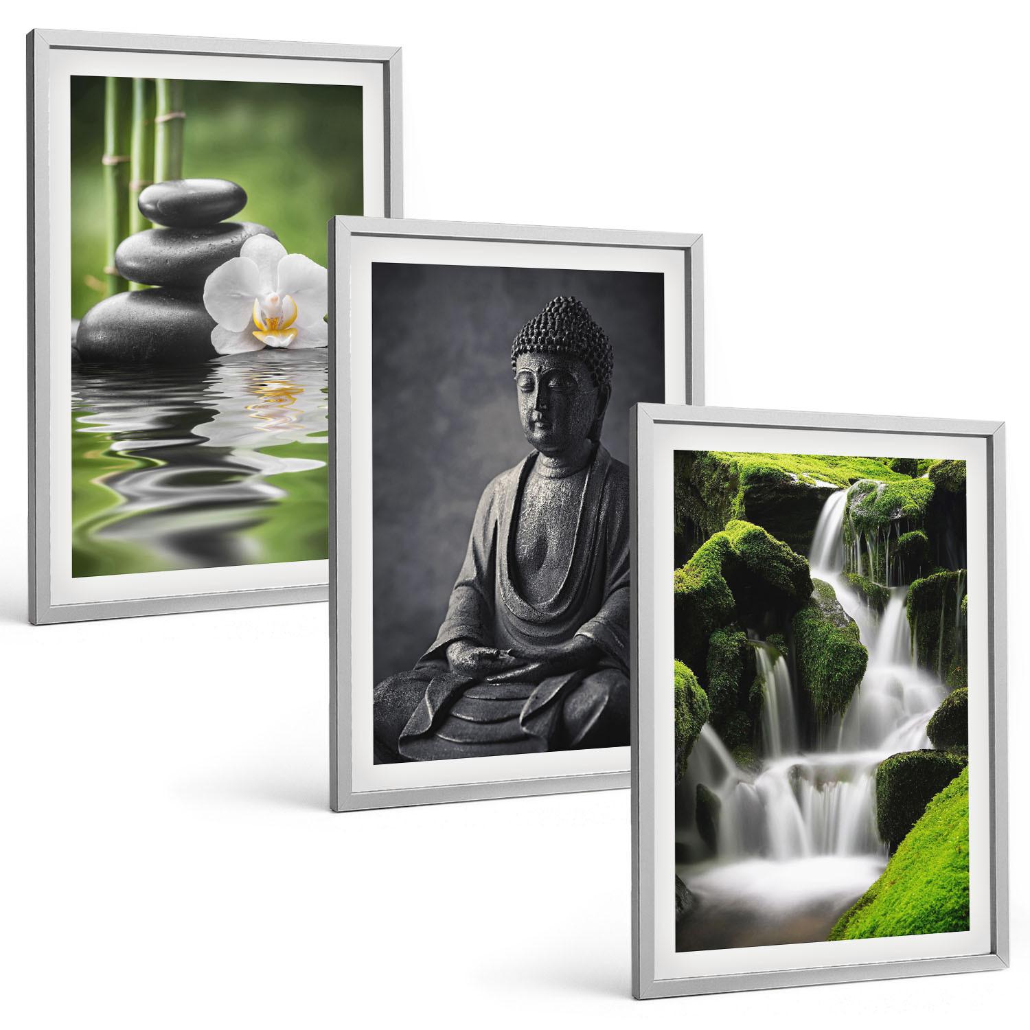 BILDER SET 3er Set - 40x60 cm Silberner Rahmen - Entspannende Zen-Wassermalerei - Silberfarben, Kunststoff (40/60cm) - TULUP