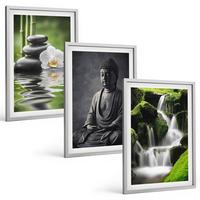 BILDER SET 3er Set - 40x60 cm Silberner Rahmen - Entspannende Zen-Wassermalerei - Silberfarben, Kunststoff (40/60cm) - TULUP