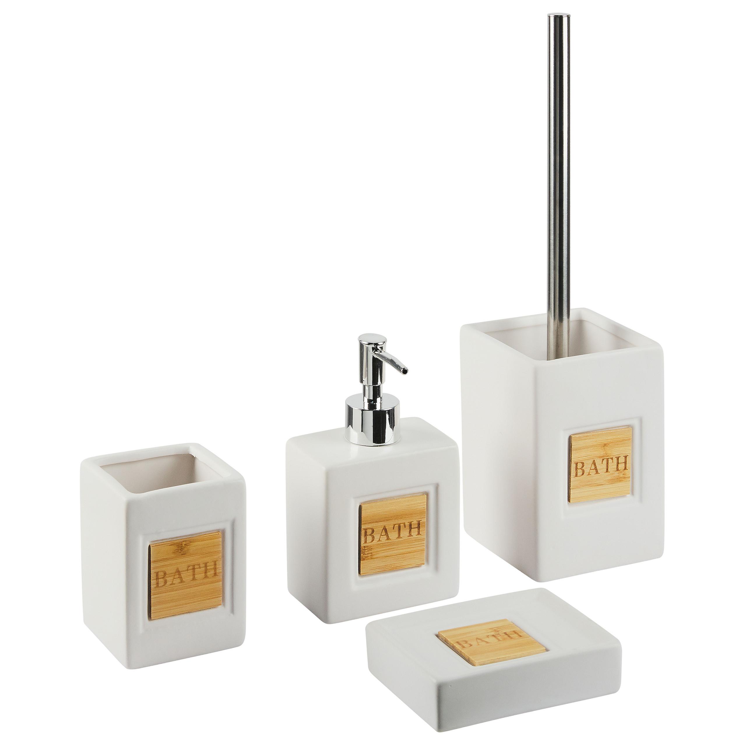 BADEZIMMER Set 4-teilig Keramik beige/heller Holzfarbton Kourou - Hellbraun/Beige, Stein (9/16/6cm) - Beliani