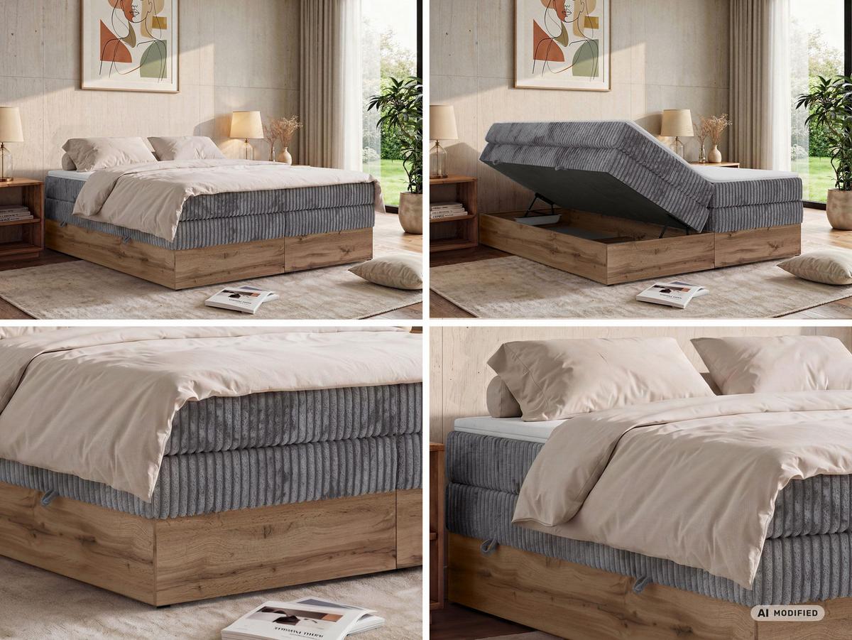 BOXSPRINGBETT WOOD ZERO KING 180/200 - Grau Cord - Topper T25 - H3 - Schwarz/Grau, Kunststoff/Textil (180/200cm) - MKS