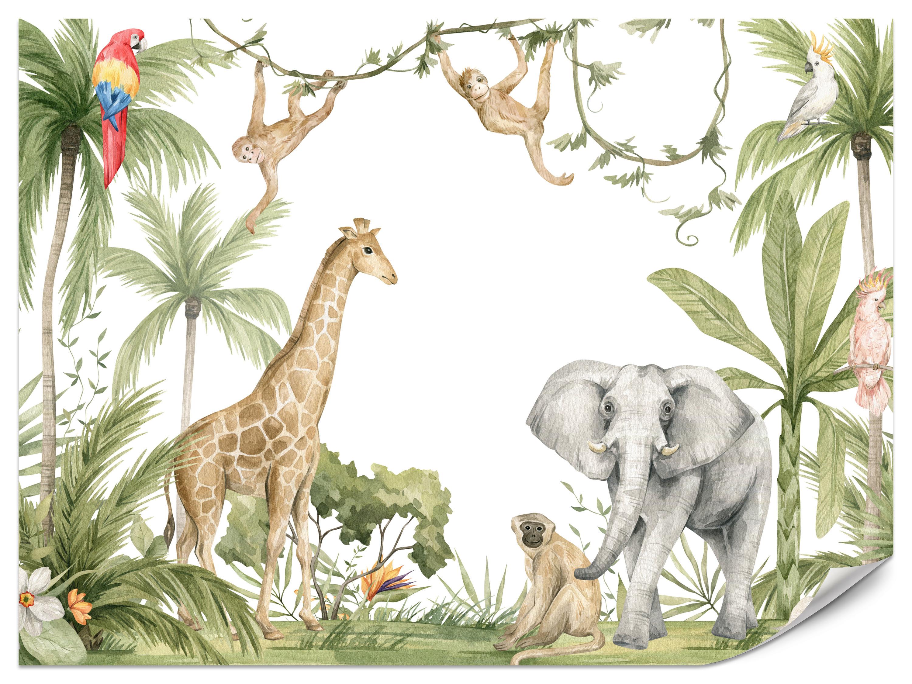 FOTOTAPETE für Kinderzimmer Dschungel Tiere Giraffe Elefant Palmen 200x140 - Beige/Rot, Papier (200/140cm) - Muralo