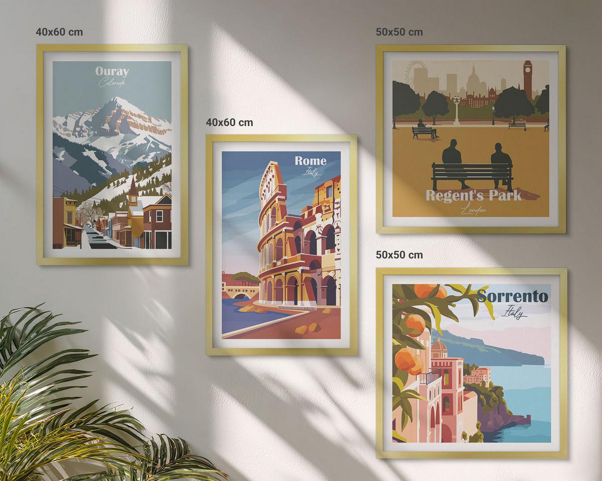 BILDER SET 4er Set - 50x50 cm & 40x60 cm Goldrahmen - Retro-Illustrationen berühmter Orte - Goldfarben, Kunststoff (50/50cm) - TULUP