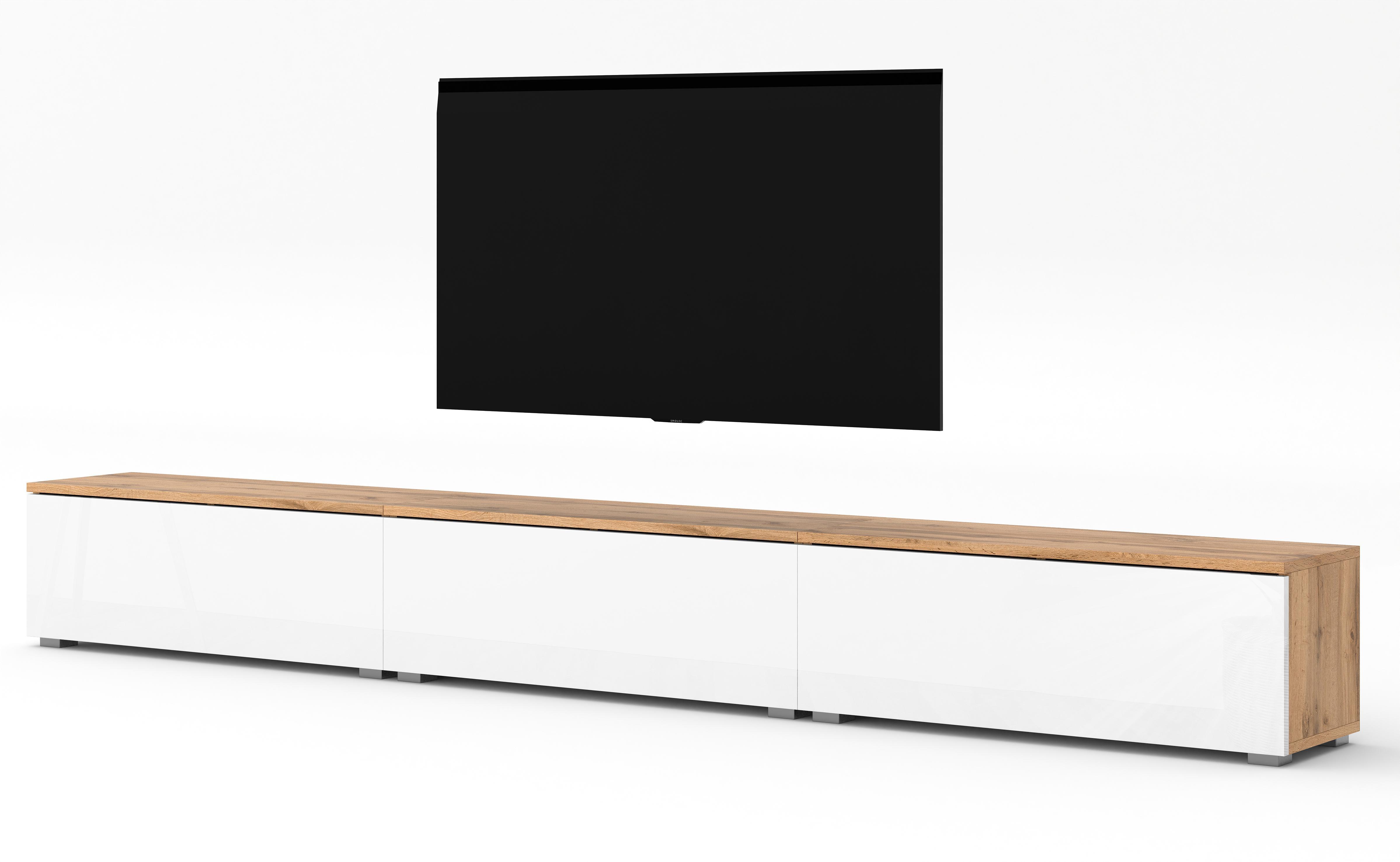 LOWBOARD Loriano 3x100 Wotan, Weiß Hochglanz 300/36,5/32 cm – Hängend und Stehend - Braun/Weiß, Holzwerkstoff/Kunststoff (300/36.5/32cm) - AX Living