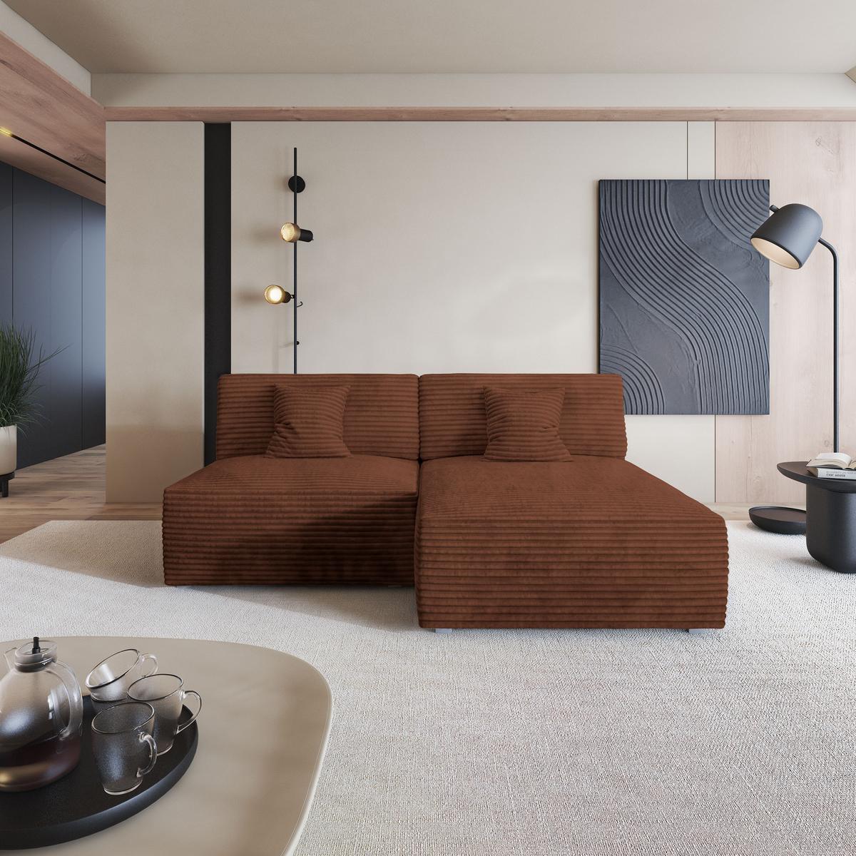 ECKSOFA FIORO Braun Kordstoff mit Schlaffunktion - Braun, Holz (204/148cm) - MASSENO