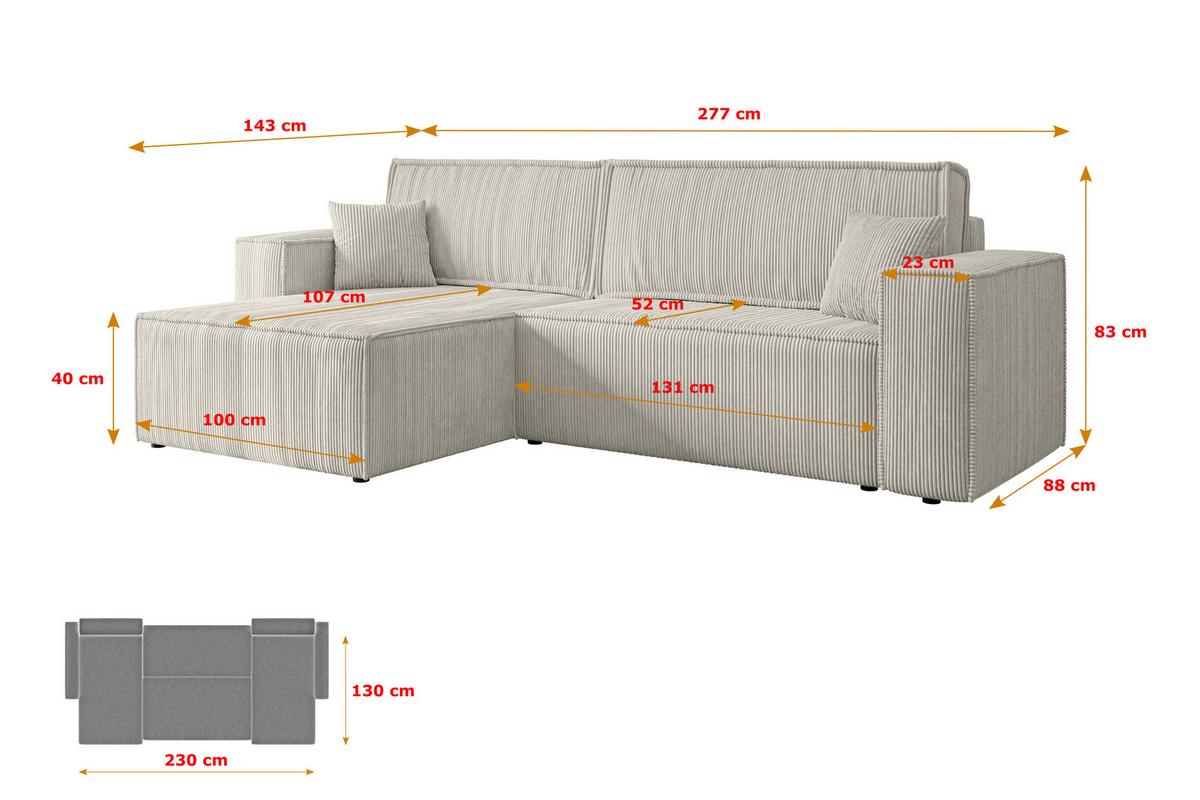 ECKSOFA mit Schlaffunktion und Bettkasten CELTIC-XL - 277x143x83 cm Creme Cord - Hellgrau/Creme, Holzwerkstoff/Kunststoff (277/143cm) - ALTDECOR