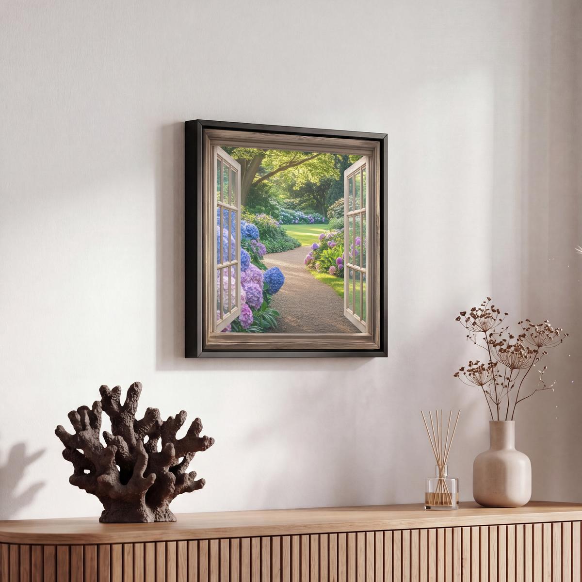 LEINWAND Bilder mit Rahmen - Aussicht - Garten - Fenster - Hortensie - Blumen - 20x20 - Pastellblau, Textil (20/20cm) - MuchoWow