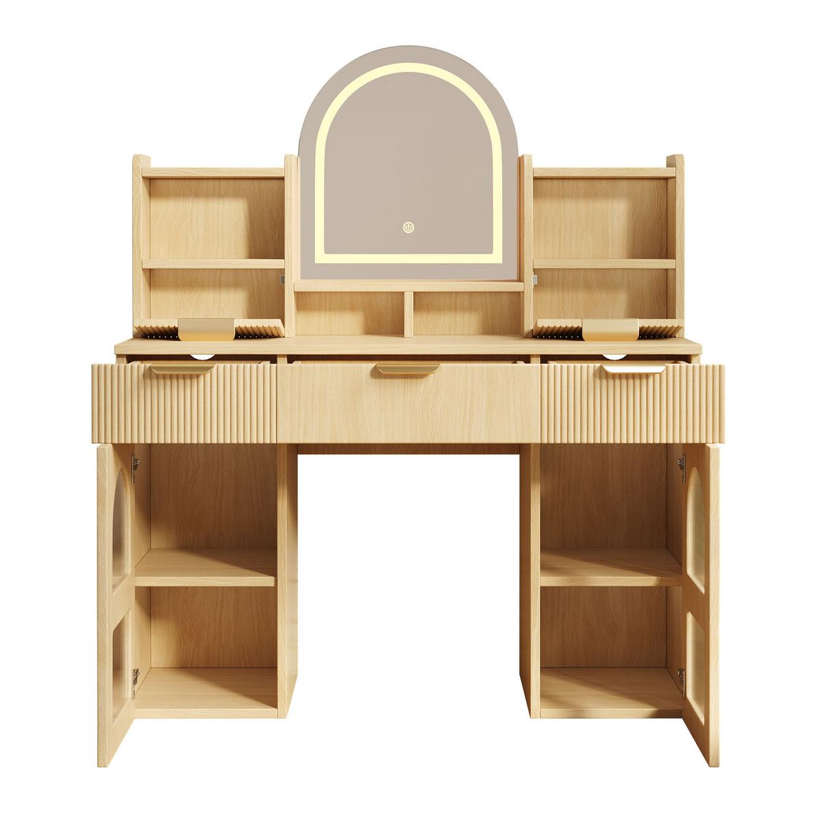 SCHMINKTISCH holzoptik mit LED-Spiegel & Glasvitrinen - Naturfarben, Holzwerkstoff (120/139.5/40cm) - Urban Meuble