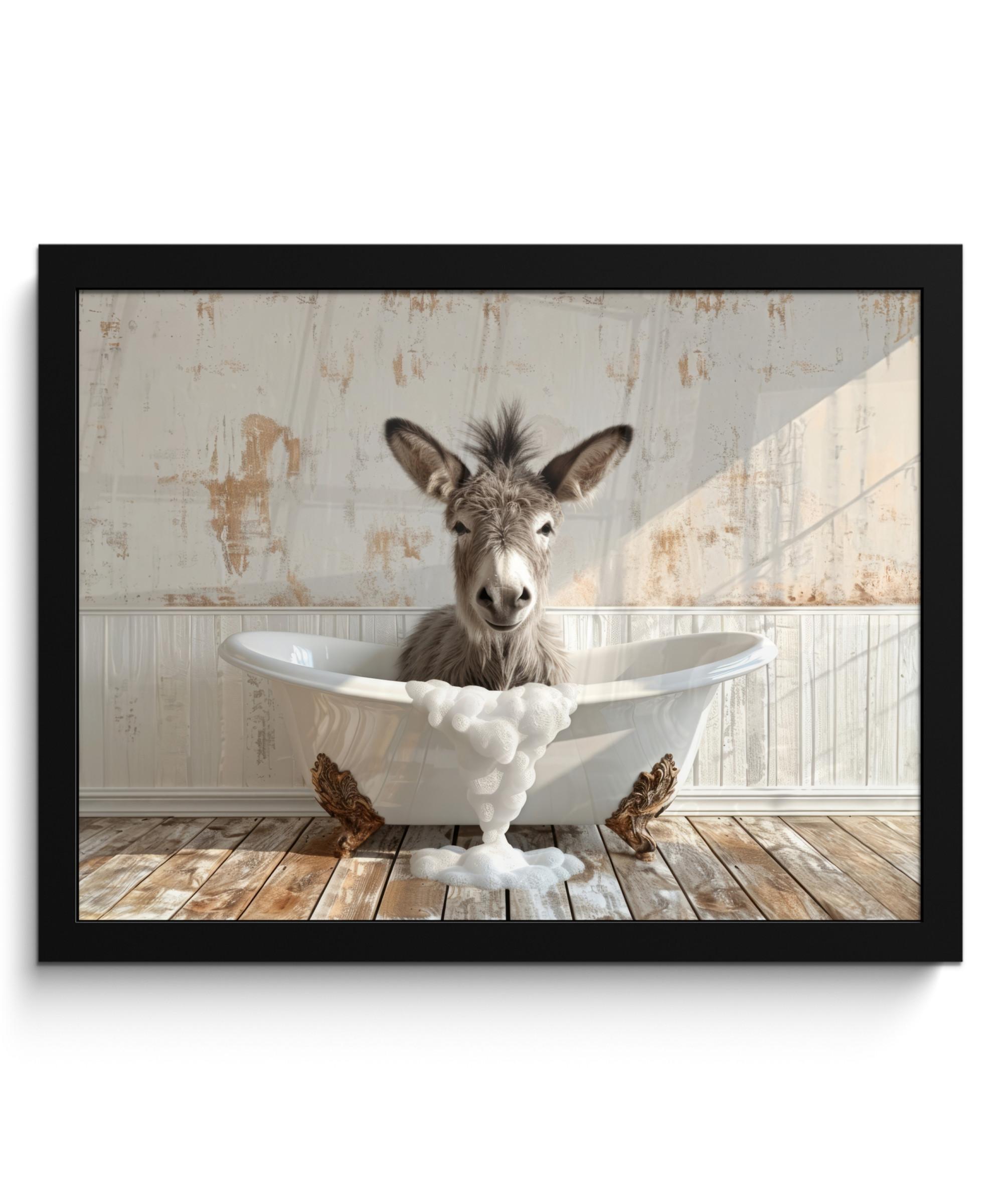POSTER MIT RAHMEN Esel - Tiere - Badewanne - Schaumstoff 40x30 cm - Weiß, Papier (40/30cm) - MuchoWow