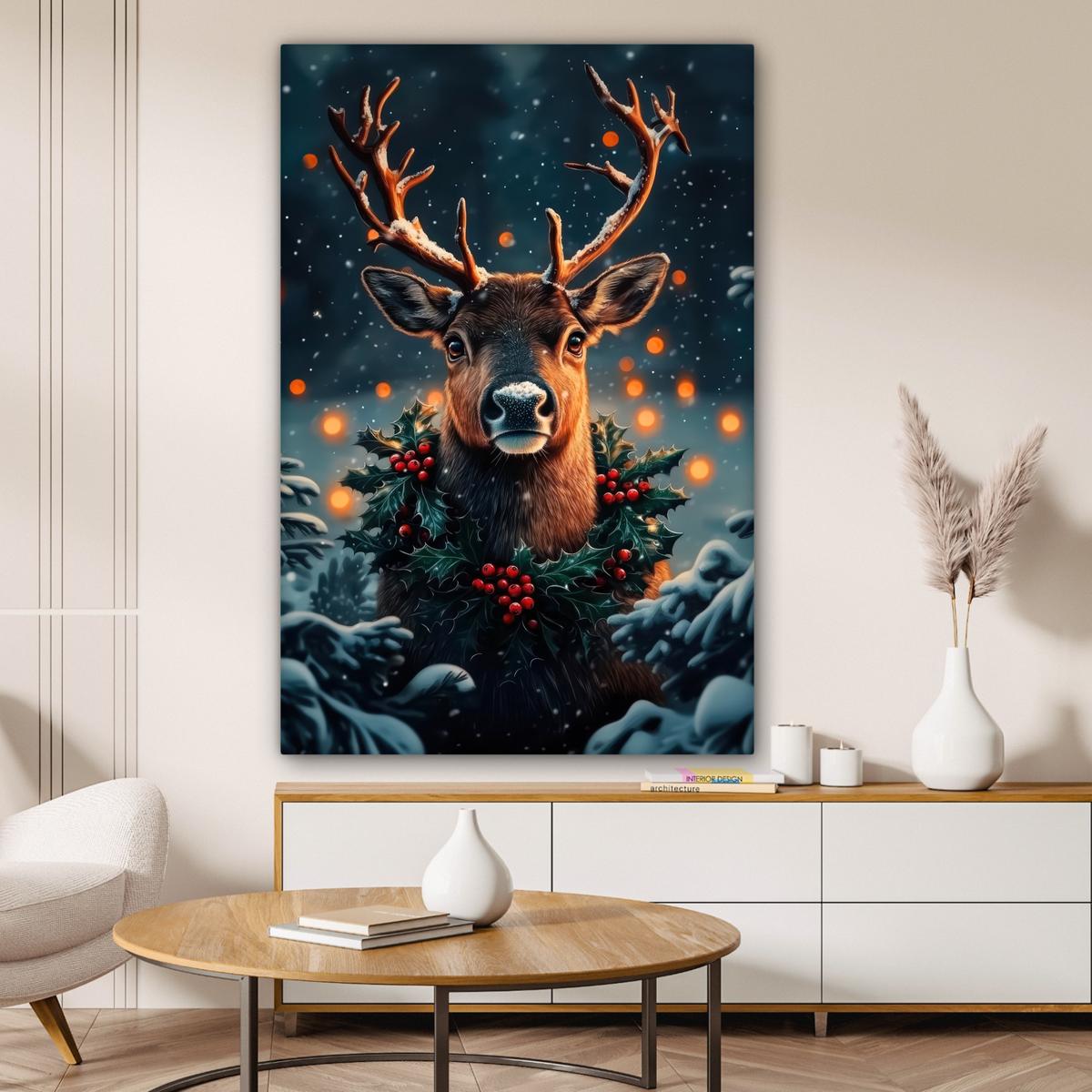 LEINWANDBILD Hirsch - Weihnachten - Winter - Schnee - Weihnachtskranz Deko Groß 90x140 cm - Dunkelbraun, Textil (90/140cm) - MuchoWow
