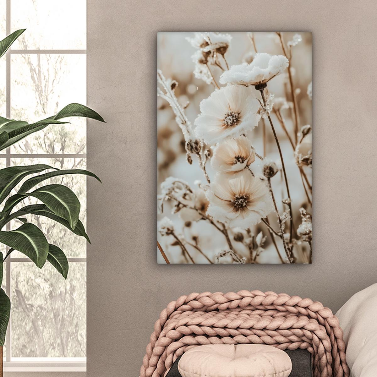 LEINWANDBILD Blumen - Winter - Weiß - Schnee - Beige Wanddeko 40x60 cm - Creme, Textil (40/60cm) - MuchoWow