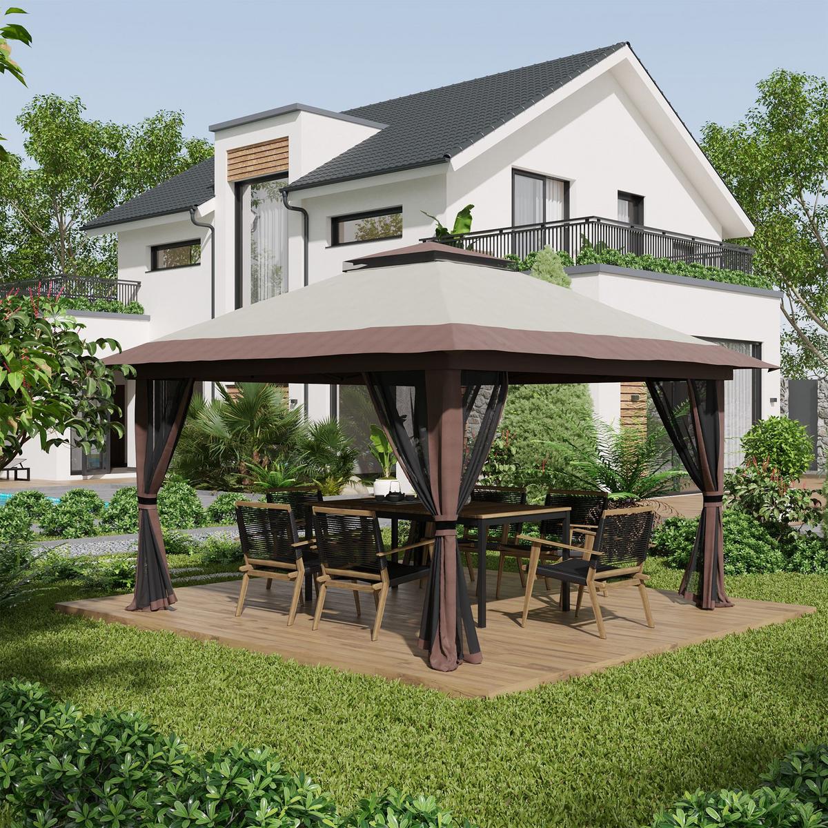 FALTPAVILLON, Grau, Polyesterstoff - Beige, Kunststoff (392/283/392cm) - Outsunny