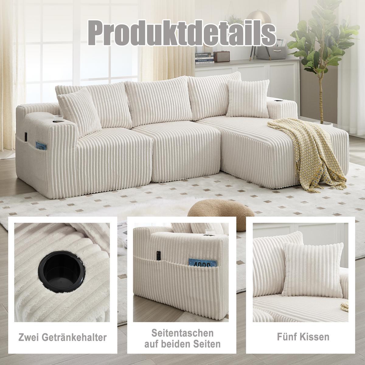 ECKSOFA mit Chaiselongue Cord - Beige, Textil (257/160cm) - Urban Meuble