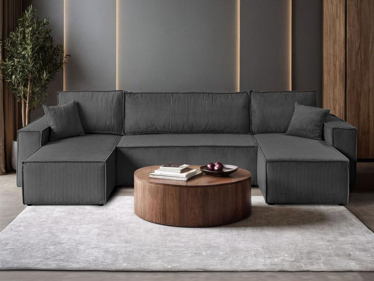 WOHNLANDSCHAFT Gepolstertes CARLO U Cord mit Schlaffunktion und Bettkasten, Poso 60 - Grau, Textil (315/83/143cm) - Lookway