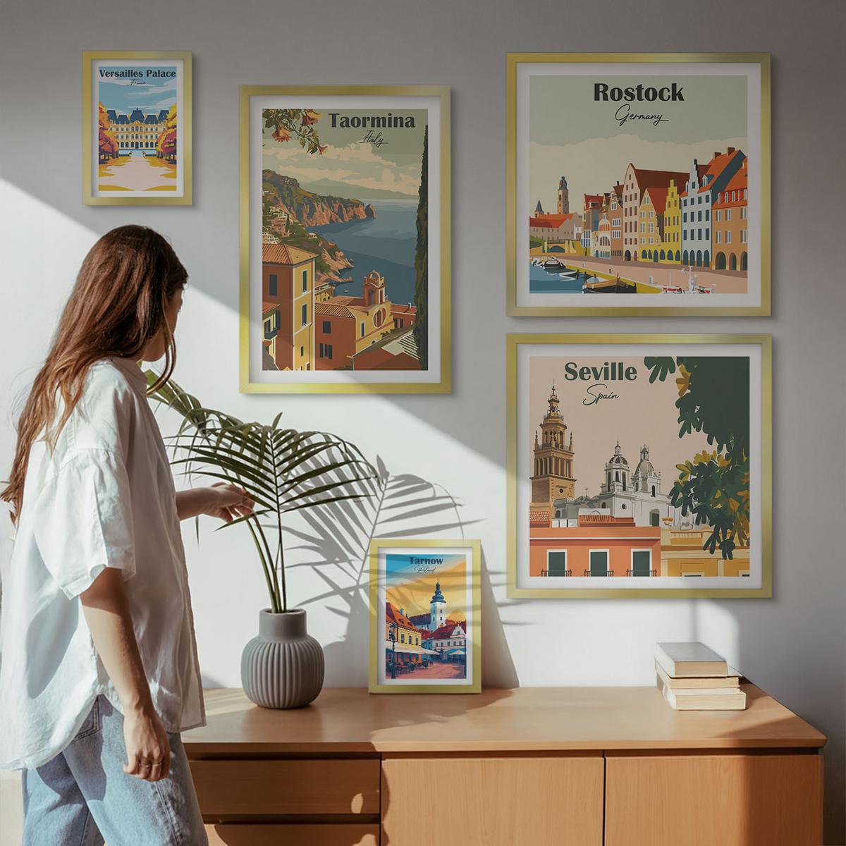 BILDER SET 5er Set - 50x50 cm & 20x30 cm & 40x60 cm Goldrahmen - Retro-Stadtgrafiken - Goldfarben, Kunststoff (40/60cm) - TULUP