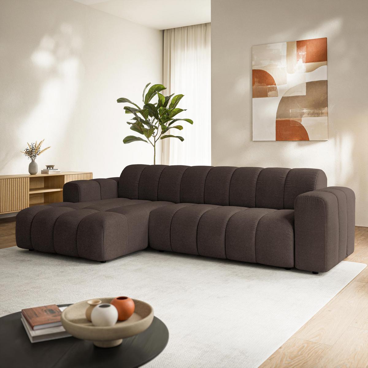 ECKSOFA SETIA Braun Strukturstoff mit Schlaffunktion - Braun, Holz (304/165cm) - MASSENO