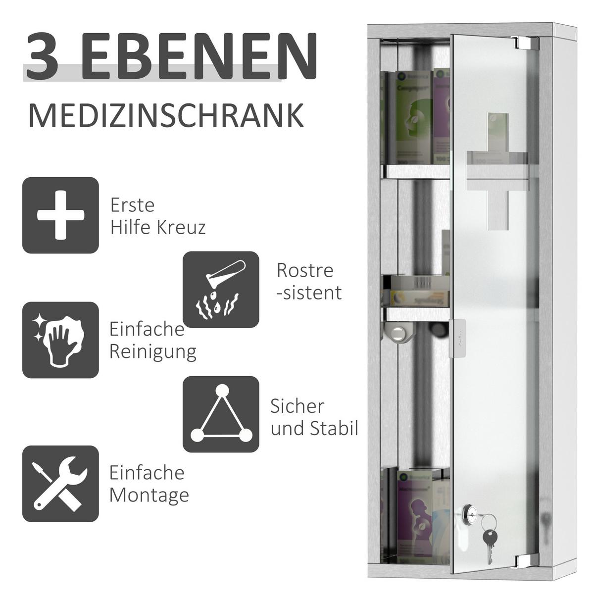 MEDIZINSCHRANK, Mattglas, 430 Edelstahl+gehärtete Glastür, Silber - Silberfarben, Glas (12/58/20cm) - Kleankin