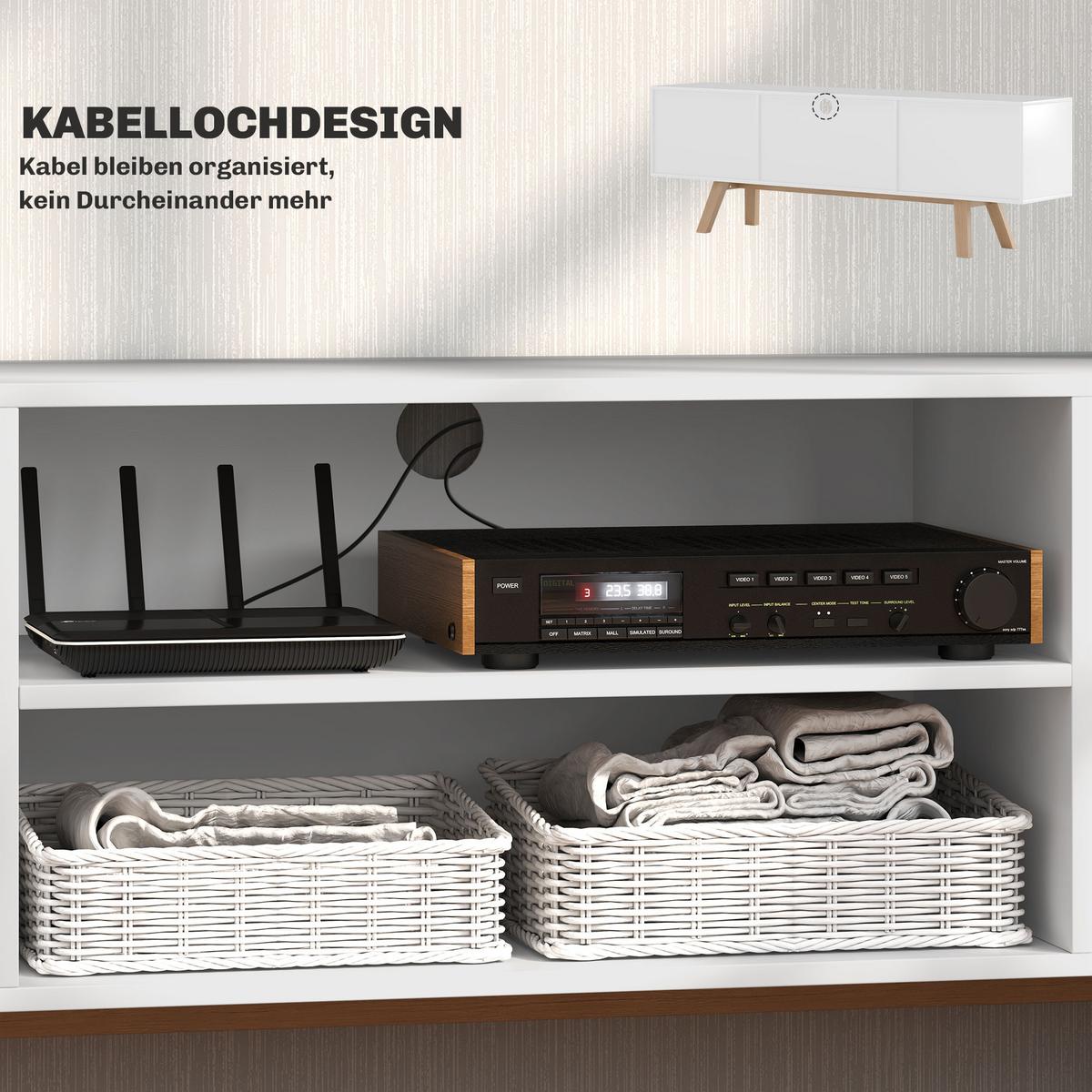 TV-SCHRANK, Fernsehtisch für Fernseher bis zu 65 Zoll, Lowboard mit 2 Schränken - Weiß/Naturfarben, Holz/Holzwerkstoff (39/50/150cm) - HOMCOM