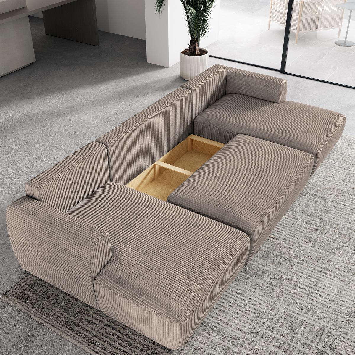 WOHNLANDSCHAFT SENTUM P Beige Kordstoff mit Schlaffunktion - Beige/Schwarz, Holz/Kunststoff (330/90/148cm) - MASSENO