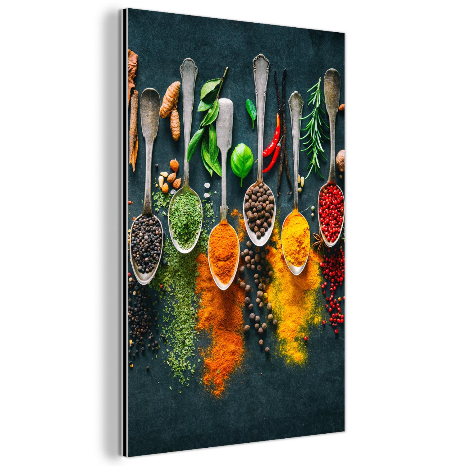 METALLBILD Kräuter - Gewürze - Löffel Deko Wohnzimmer 60x90 cm - Currygelb, Metall (60/90cm) - MuchoWow