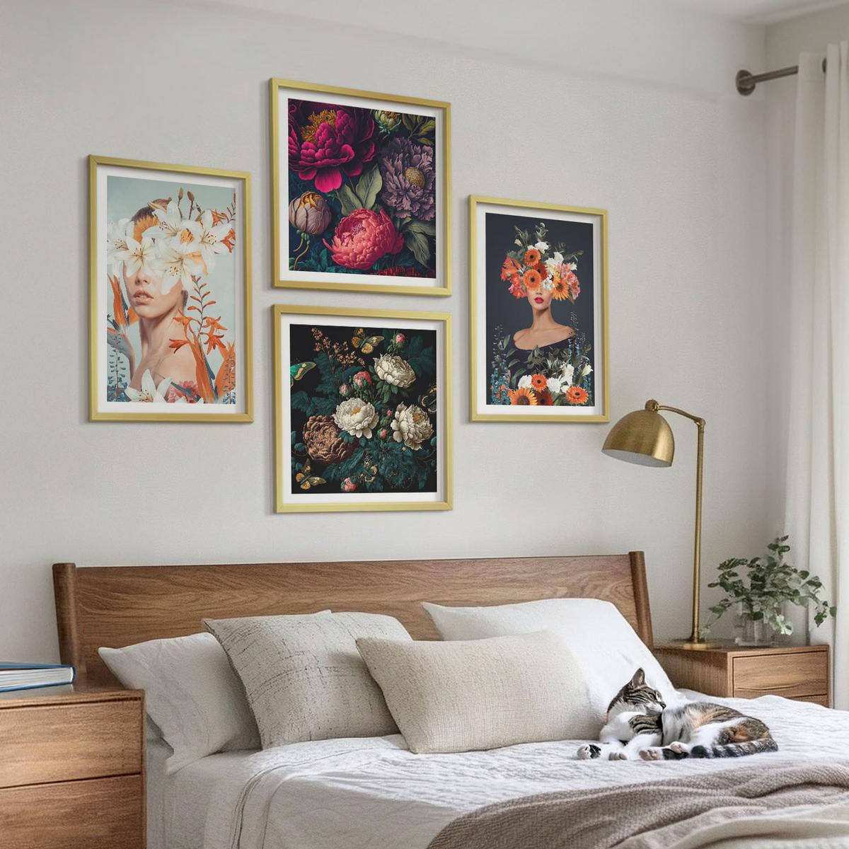 BILDER SET 4er Set - 50x50 cm & 40x60 cm Goldrahmen - Blumenporträts, Sträuße, Blätter - Goldfarben, Kunststoff (50/50cm) - TULUP