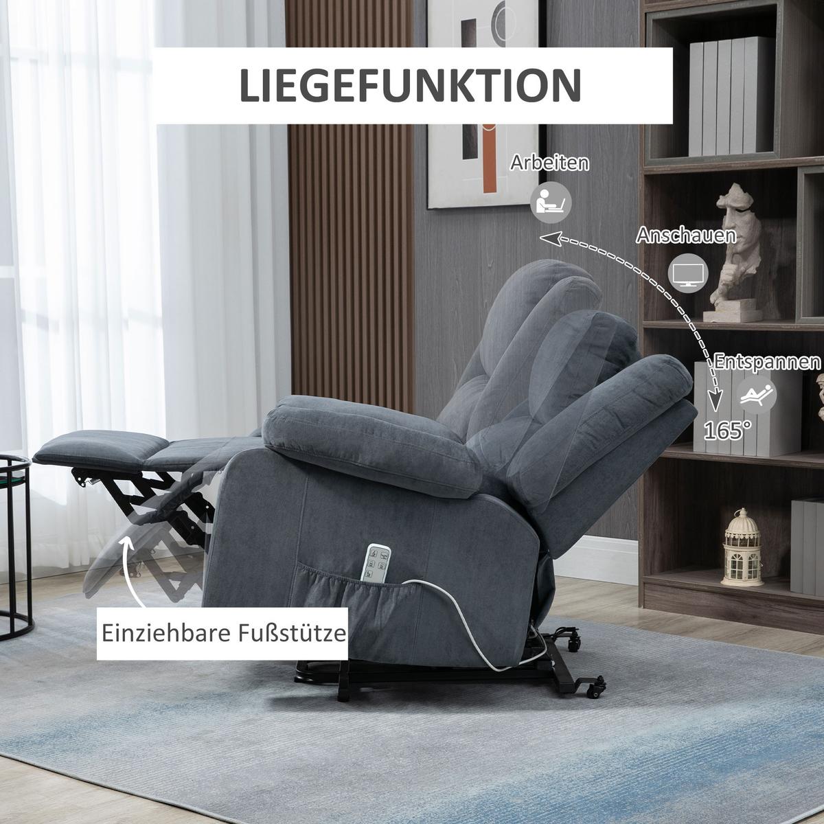 SESSEL mit Aufstehhilfe, Fernsehsessel Elektrisch, Aufstehsessel, Relaxsessel - Grau, Textil (93/105/91cm) - HOMCOM