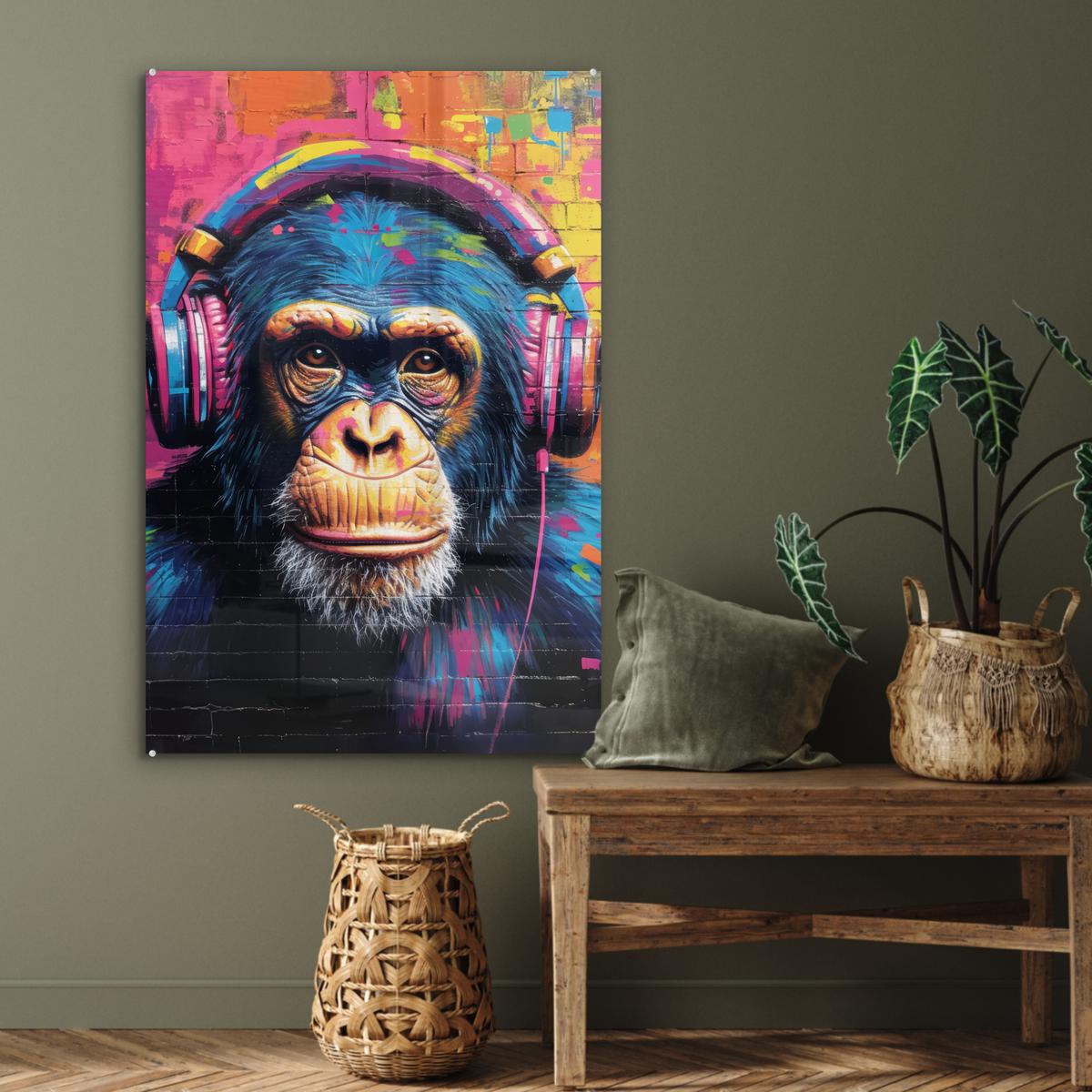 ACRYLGLASBILD Graffiti - Schimpanse - Straßenkunst - Kopfhörer - Affe 80x120 cm - Blau, Glas (80/120cm) - MuchoWow