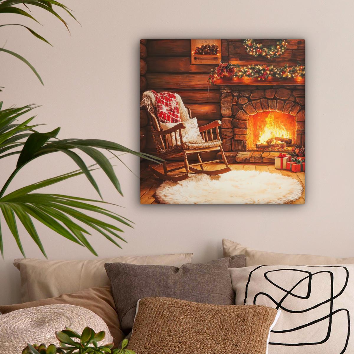 LEINWANDBILD Winter - Weihnachten - Zuhause - Kamin Wandbild Wohnzimmer 50x50 cm - Bernsteinfarben, Textil (50/50cm) - MuchoWow