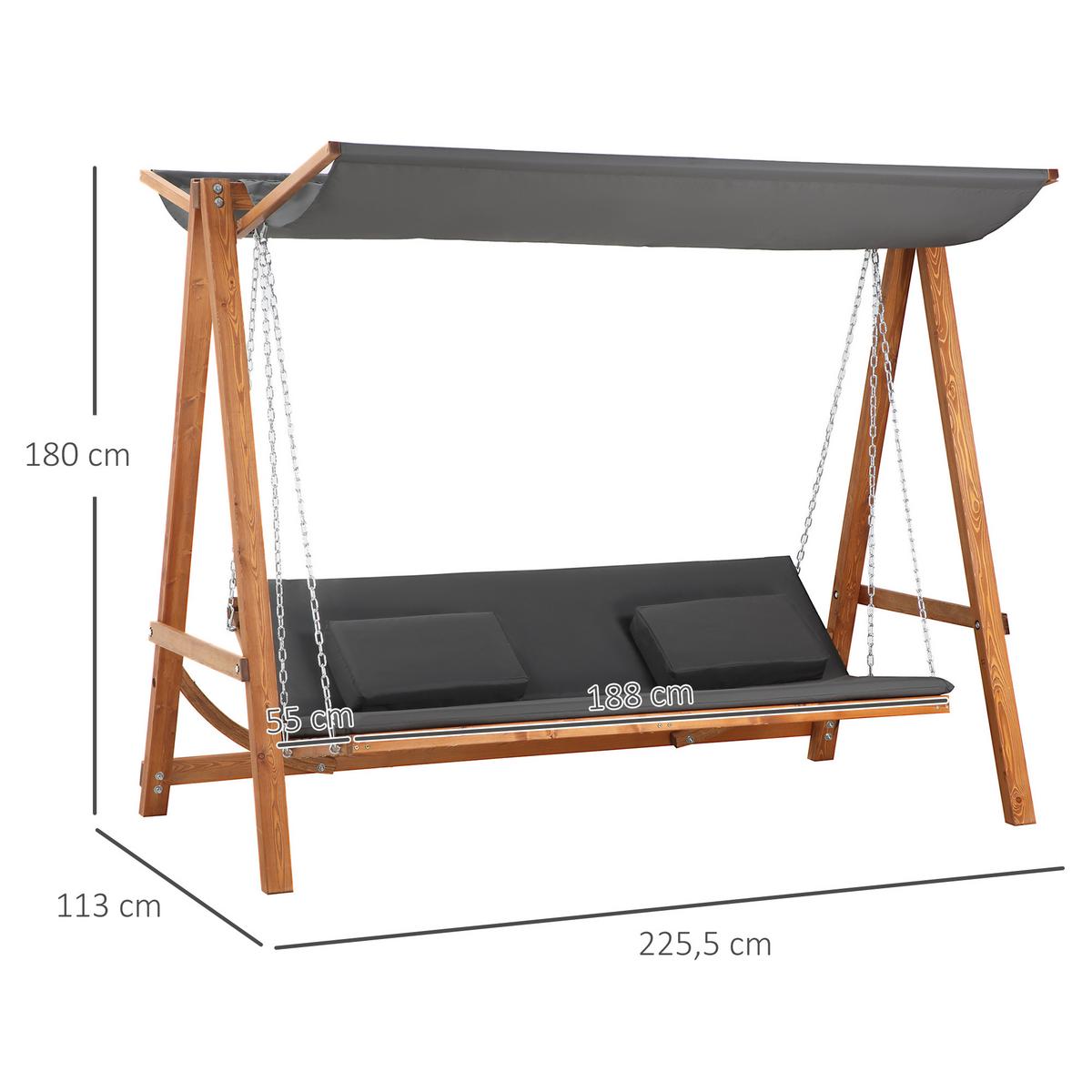 HOLLYWOODSCHAUKEL, mit Dach, Polyester, Grau, 225,5 x 130 x 180 cm - Grau, Holz (130/180/225.5cm) - Outsunny