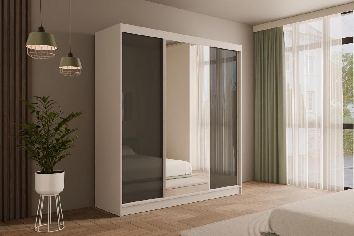 KLEIDERSCHRANK mit Spiegel V2-VITA 215x200 cm - Weiß|Grau - Weiß/Grau, Holzwerkstoff (200/215/61cm) - ALTDECOR