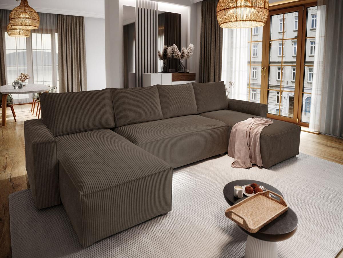 WOHNLANDSCHAFT ASPRA Braun Kordstoff mit Schlaffunktion - Braun/Grau, Holz/Kunststoff (295/85/140cm) - MASSENO