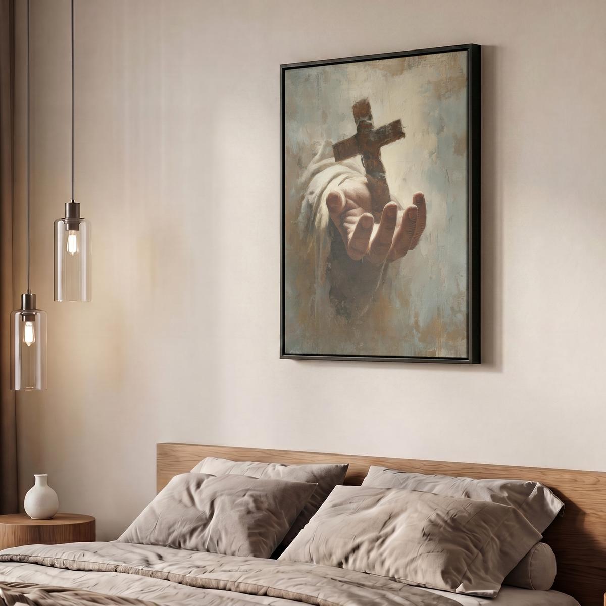 LEINWAND Bilder mit Rahmen - Abstrakt - Kreuz - Hand - Christentum - 60x80 - Hellbraun, Textil (60/80cm) - MuchoWow