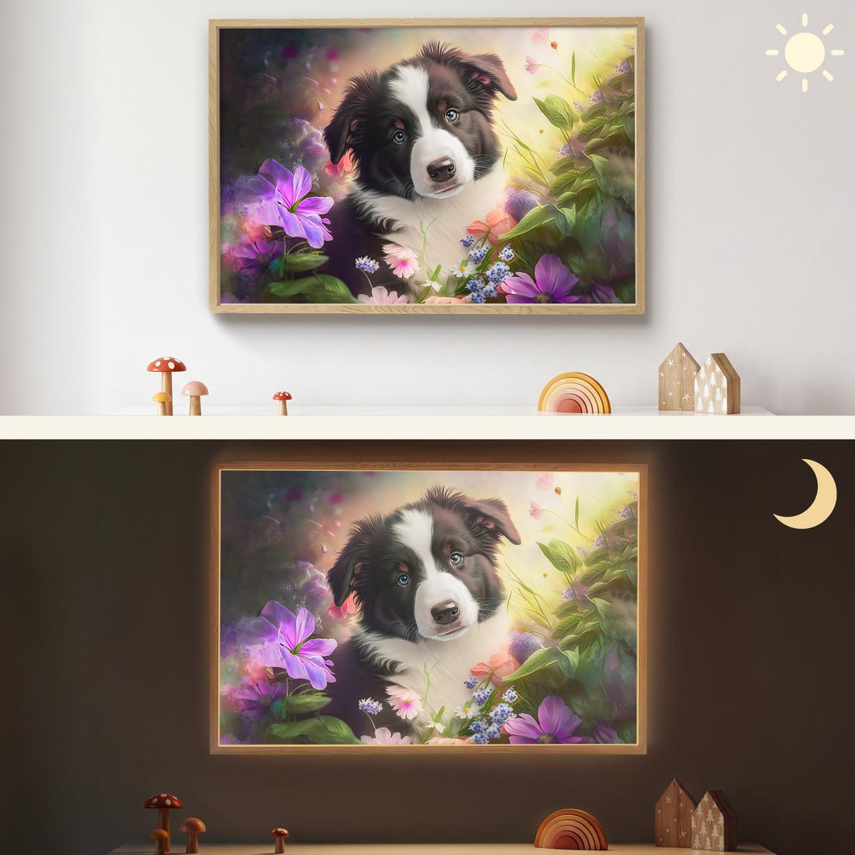 WANDLEUCHTE MIT AKKU Welpe - Sonne - Blumen - Natur - Border Collie - Hund 90x60 cm - Violett, Holzwerkstoff (90/60/8cm) - OnlyWow
