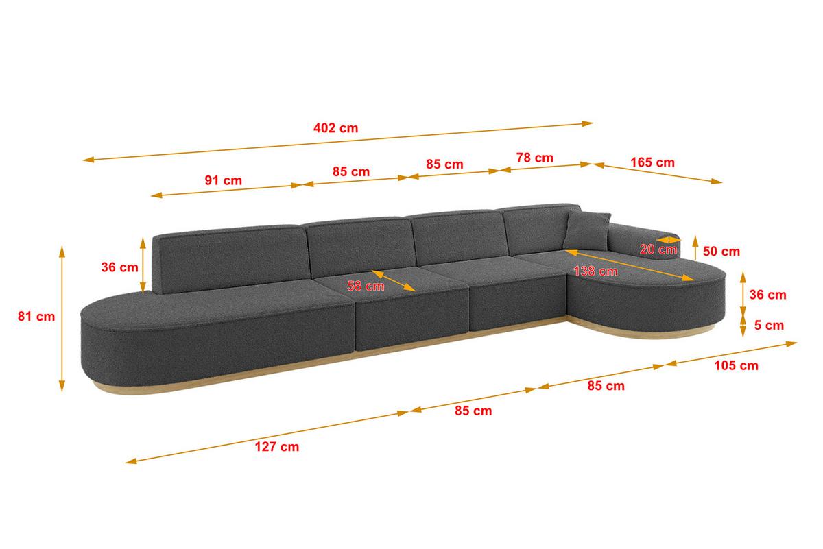 ECKSOFA Ottomane Rechts MARI-L3-v2 - 413x171x83 cm Grau Bouclé - Grau, Holzwerkstoff/Textil (171/413cm) - ALTDECOR