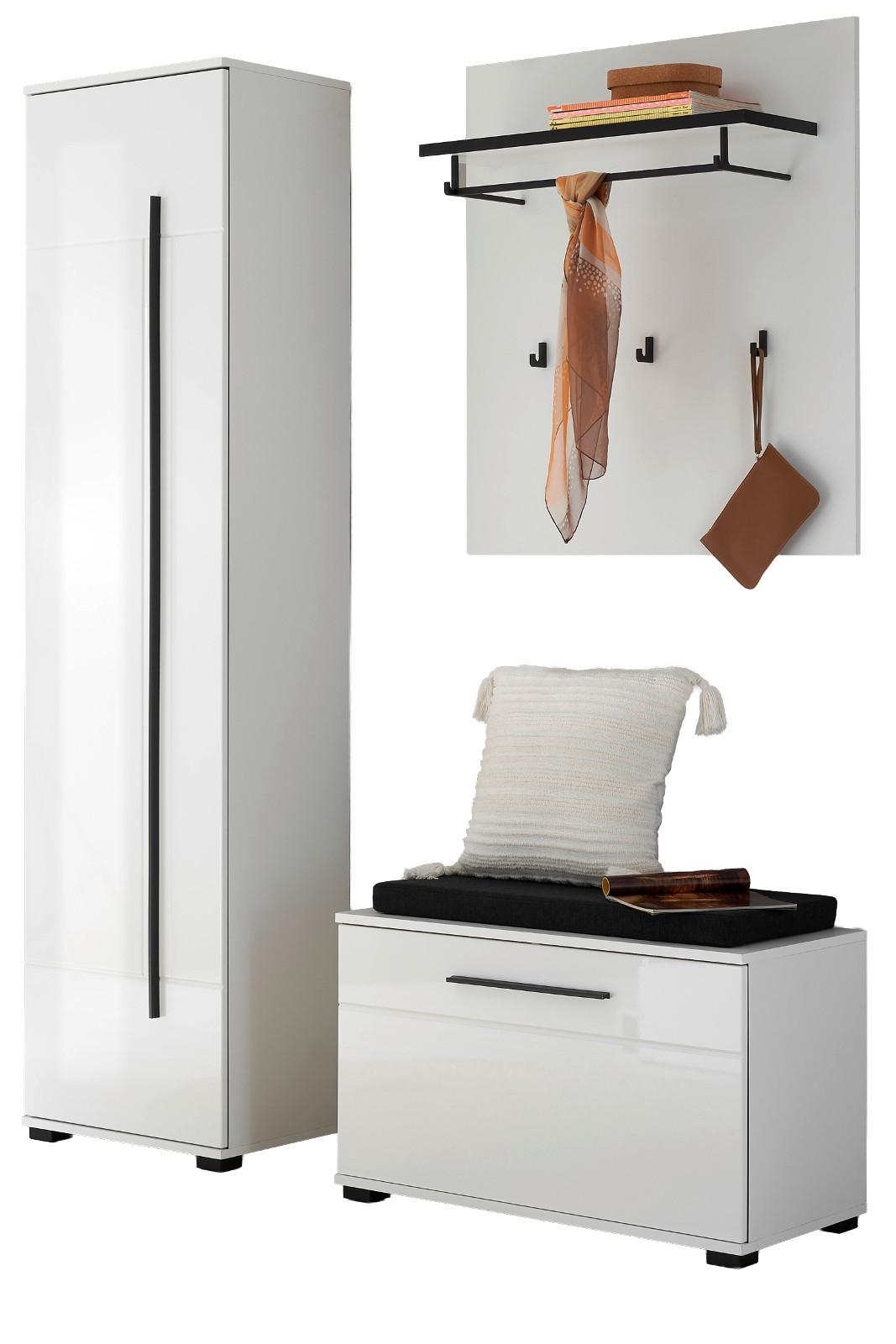 GARDEROBEN-SET weiß Hochglanz 4-teilig 140 cm, Flurgarderobe mit Soft-Close - Dunkelgrau/Weiß Hochglanz, Holzwerkstoff/Kunststoff (140/200/40cm) - Furn.Design