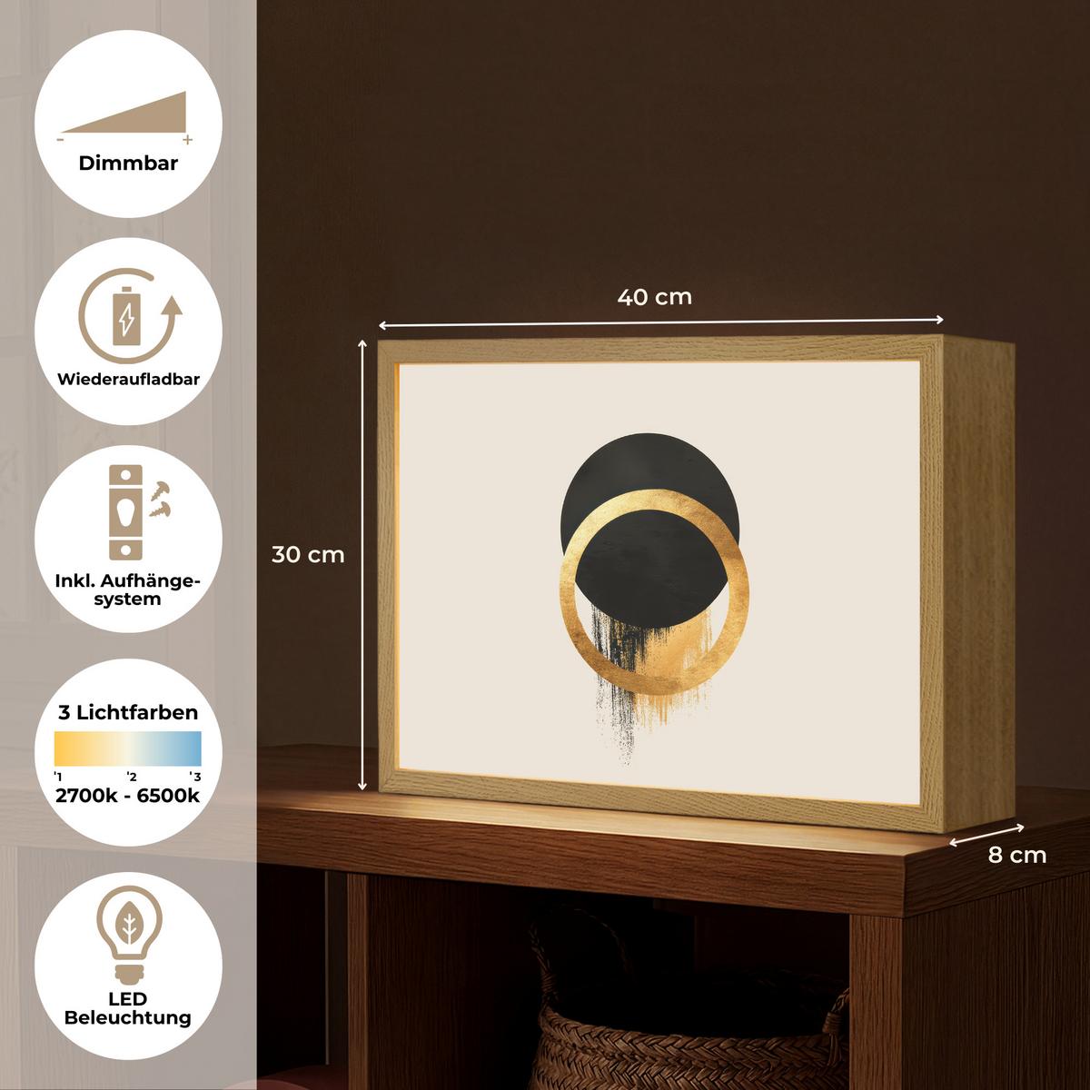 WANDLEUCHTE MIT AKKU Abstraktes Design - Schwarzer Kreis - Farbflecken 40x30 cm - Creme, Holzwerkstoff (40/30/8cm) - OnlyWow